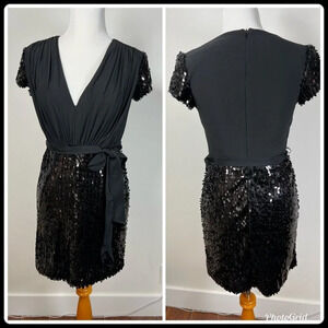 Mark & James Badgley Mishka S black sequin tie ribbon waist cap sleeves plunge